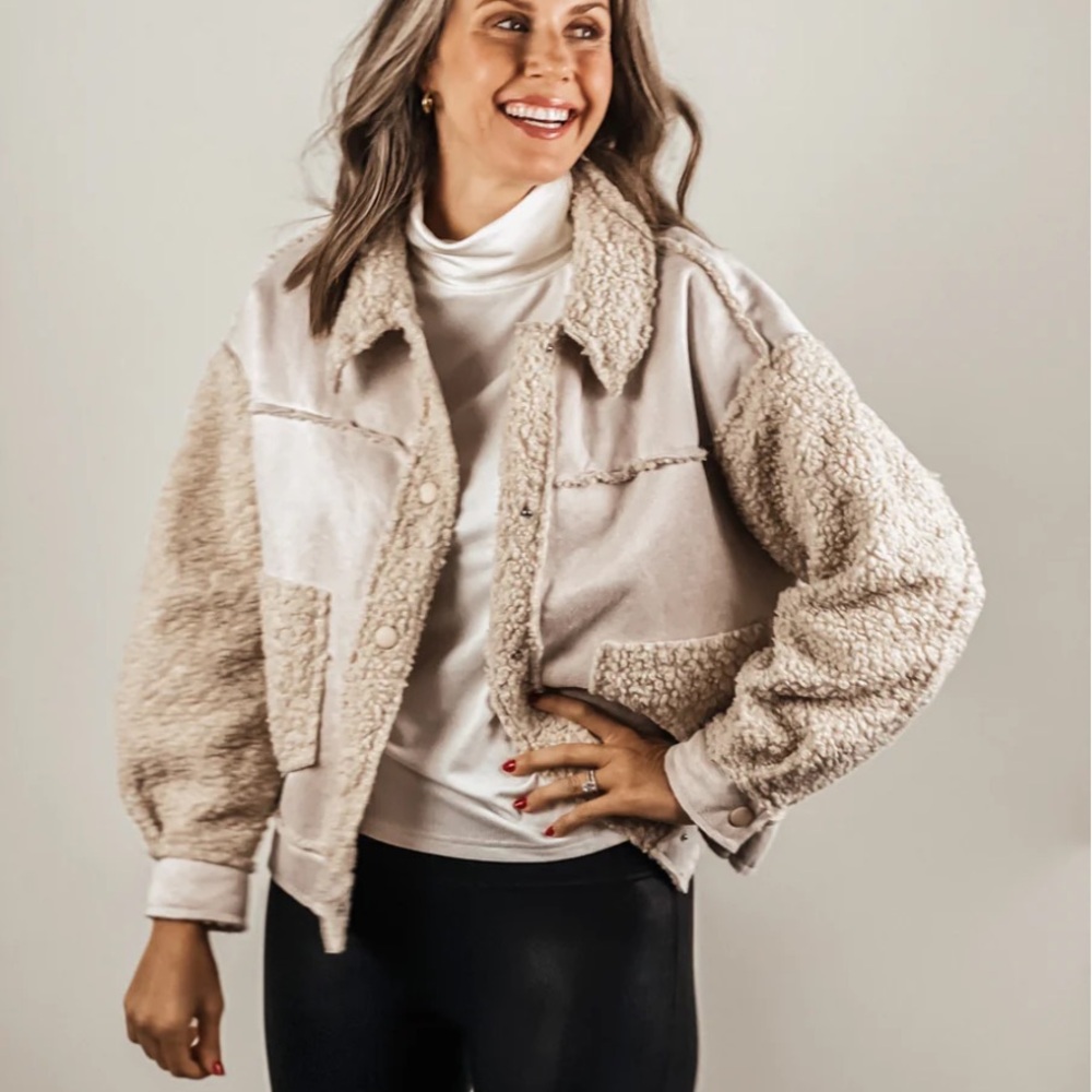 Sherpa & Faux Suede Teddy Jacket, Love Riche Social Shearing, Cream